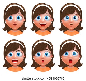 Girl avatar vector character. Set of portrait of young girl face with facial expressions wearing headband isolated in white background. Vector illustration.
