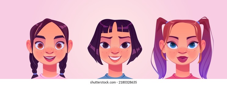 Vátaros de chicas, personajes femeninos adolescentes rostros. Niños caucásicos y asiáticos con pelo corto y pelo corto. Bellos retratos de colegialas para perfiles de usuarios de redes sociales Dibujo vectorial de dibujos animados