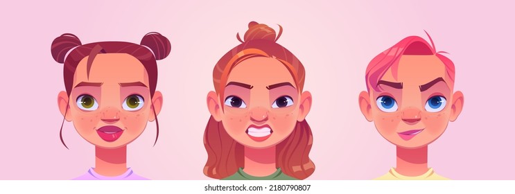 Vátaras femeninas, rostros de personajes femeninos jóvenes, emociones de mujeres bastante caucásicas, retratos con pelo castaño, rosa y jengibre para redes sociales o perfiles de usuarios en internet, ilustración vectorial de dibujos animados