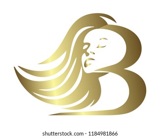 Girl with B in hair icon girl silhouette with long hair in form of B vector illustration 
