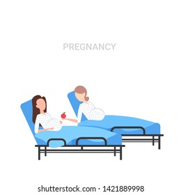 girl with baby bump giving apple to pregnant woman lying in hospital bed pregnancy concept flat full length white background