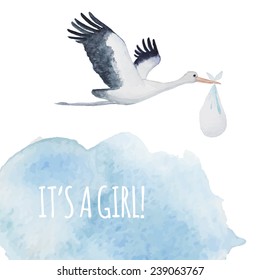 It's a girl baby card. Watercolor hand drawn illustration: stork with baby in cloudly sky.