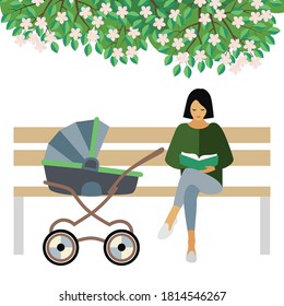 girl with a baby carriage is sitting on a Park bench in the fresh air and reading a book. young mom or nanny walks with the baby. a drawing in the style of the cartoon. stock vector illustration. 