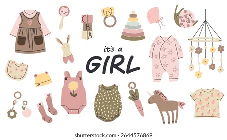 Sua garota. Roupas de bebê e brinquedos. Terno de corpo, chapéu e calças de Pastel recém-nascido. Roupas para bebês e crianças, algodão natural. Bonitão, cubos de madeira e desenho animado vetor móvel ilustração isolada