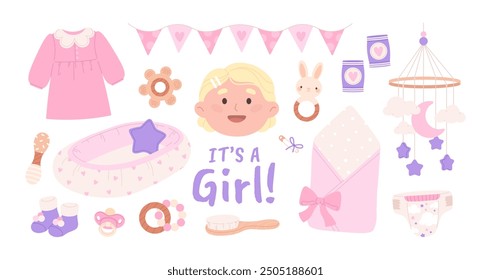 Girl baby elements. Toddler shower party things, newborn female kid clothes and accessories. Bed mobile with toys socks dress, racy vector clipart
