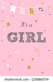 It's a girl. Baby gender announcement vector card.