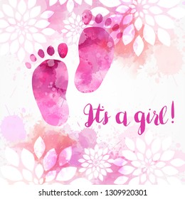  It's a girl! Baby gender reveal concept illustration. Watercolor footprints. Abstract floral background. Pink colored.