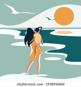  A girl with a baby in her arms stands on the beach. Vector illustration.