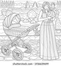 
Girl with a baby in her arms and a stroller.Coloring book antistress for children and adults. Illustration isolated on white background.Zen-tangle style. Hand draw