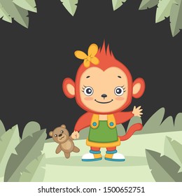 Girl Baby Monkey Cartoon Holding Teddy In Her One Hand And Waving Her Another Hand. Vector Illustration Isolated On White Background