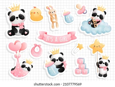 It's a girl, Baby panda sticker, scrapbook. Vector illustration