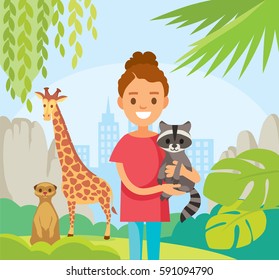 Girl with baby raccoon in contact zoo park