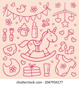 Ducha para bebé y accesorios para bebés. Dibujo de caricatura Esquema de doodle Conjunto de elementos vectoriales recién nacidos y elementos para la decoración de viveros, invitaciones, tarjetas de felicitación