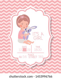 its a girl baby shower card with kid and rabbit stuffed