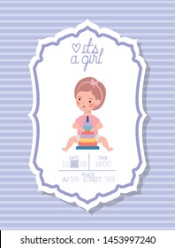 its a girl baby shower card with little kid and rings pile toy