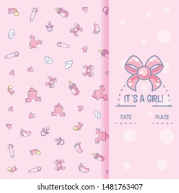 it is a girl baby shower card with pattern of objects for girl