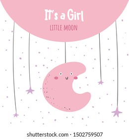It's a girl baby shower card, postcard, poster for birthday with moon, stars, sky. Cute illustration for new born child