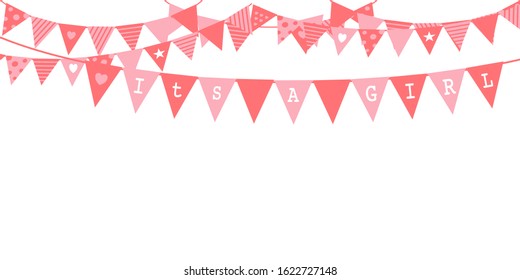 It's a girl baby shower concept with pink pennants hanging above. Vector illustration party invitation with carnival flag garlands.