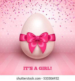 It's a girl baby shower concept with pink ribbon bow and egg. Vector illustration. Party invitation with polka dots backdrop and confetti salute.