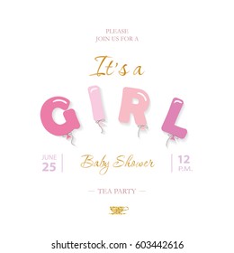 Girl baby shower cute template. Party invitation card with balloon letters in pastel pink.