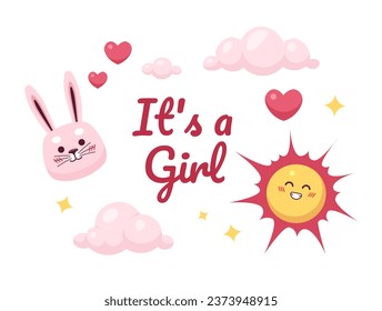 Girl baby shower ecard greeting card design. Sunshine cloudscape colorful flat illustration white background. Cute bunny daydreaming sky 2D cartoon vector image, event special occasion postcard