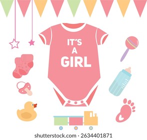 It's a Girl – Baby Shower or Gender Reveal Party Card with Pink Bodysuit and Cute Baby Items.