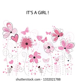 It's a girl. Baby girl. Baby shower greeting card. Floral greeting card with pink decorative abstract spring flowers