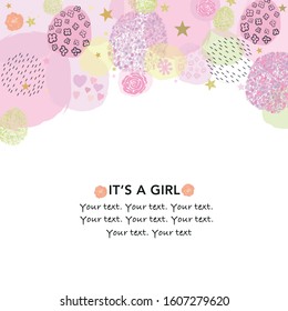 It's a girl. Baby shower greeting card with square, stars, hearts and roses greeting card. Baby first birthday, t-shirt, baby shower, baby gender reveal party design element vector