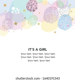 It's a girl. Baby shower greeting card with stars, hearts greeting card. Baby first birthday, t-shirt, baby shower, baby gender reveal party design element vector