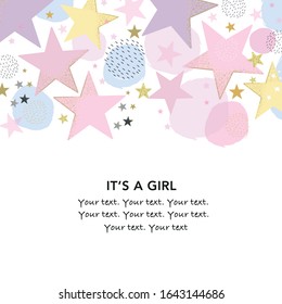 It's a girl. Baby shower greeting card with stars and dots greeting card. Baby first birthday, t-shirt, baby shower, baby gender reveal party design element vector