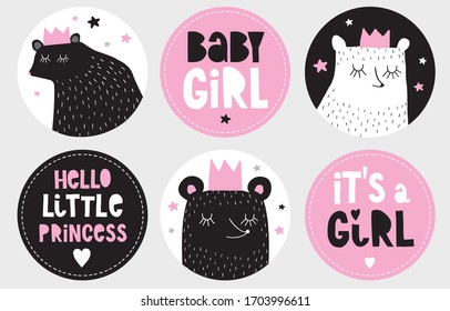 It's a Girl. Baby Shower Hand Drawn Decoration. Cute Dreamy Black Bear in a Pink Crown. Baby Girl Party Candy Bar Toppers. Hello Little Princess. Polar Bear in a Black Round Shape Frame.