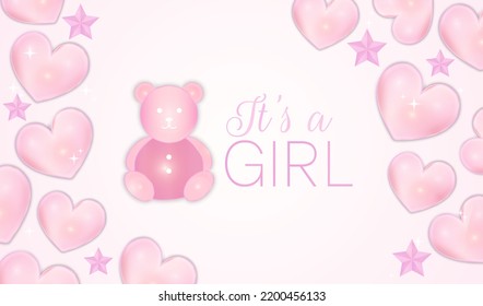 It's a Girl Baby Shower Illustration Design with Cute Bear, Hearts and Stars Toys