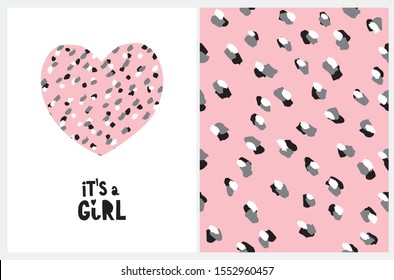 It's a Girl. Baby Shower Illustration for Baby Girl Party. Heart and Pattern with Abstract Wild Animal Skin Print. White, Black and Gray Spots Isolated on a Pink Background. Cute Pink Leopard Design.