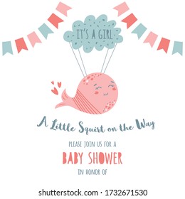 Its a girl baby shower invitation card Cute pink whale flying on the cloud. Kids birthday party template Vector