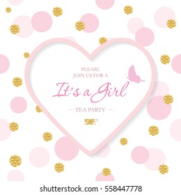 Girl Baby Shower invitation template. Included laser cutout heart shaped frame on seamless polka dot pattern with glitter confetti. Can be used for Valentine's Day or wedding design. Vector EPS10.