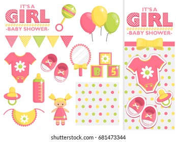 It is a girl baby shower items collection for party, event decoration. Design elements for cards and invitations and template. Pink colored baby clothes, toys for girls and other baby goods.