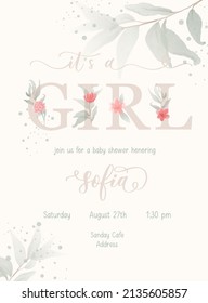 It's a Girl. Baby Shower lettering invitation template with watercolor flower and leaf