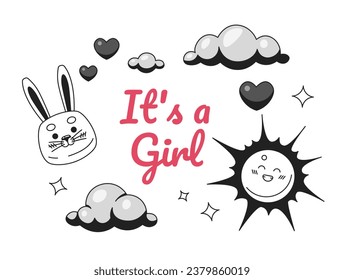 Girl baby shower monochrome greeting card vector. Sunshine cloudscape black and white illustration greetingcard. Cute bunny daydreaming sky 2D outline cartoon ecard, special occasion postcard image