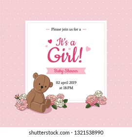It's a Girl! Baby Shower party invitation template with Teddy bear toy and beautiful flowers, frame with text on pink background. - Vector