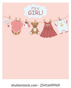 It's a girl. Baby shower party invitation. Invitation with baby clothes and accessories. Template for party invitation, poster, greeting card.