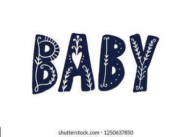 Girl baby shower party print. Hand drawn vintage style illustration with lettering, decorative letters. Good for t-shirts or posters.