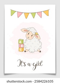 Its a girl baby shower postcard with hand drawn cute sheep, colorful abc blocks and party garland. Gender reveal greeting card for newborn female child. Farm animal character. Vector illustration.