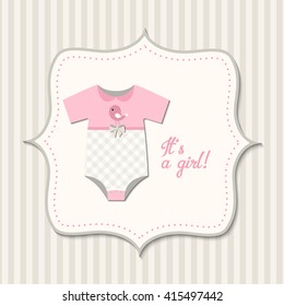 It's a girl, baby shower, retro styled card with pink baby bodysuit, vector  illustration, eps 10 with transparency