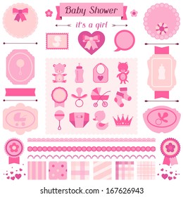 Girl baby shower set of elements for design.