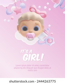 It's a girl Baby shower template with 3D vector doll head with pacifier in mouth, bottle and rattle on pink background. Ideal for invitations, cards or baby showers.