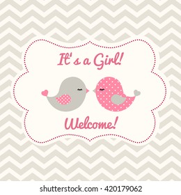 Girl baby shower with two cute pink birds on abstract chevron background, vector illustration, eps 10