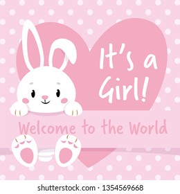 It's a Girl Baby shower vector card with cute bunny character.