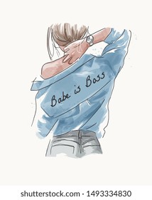 girl back in denim shirt watercolor style illustration