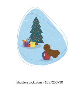 girl from back sits in front of decorated Christmas tree with gifts. Christmas card on background of liquid element and snow. Vector illustration