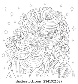 Girl back view with flowers in her hair. Adult coloring page with intricate anti-stress ornament.